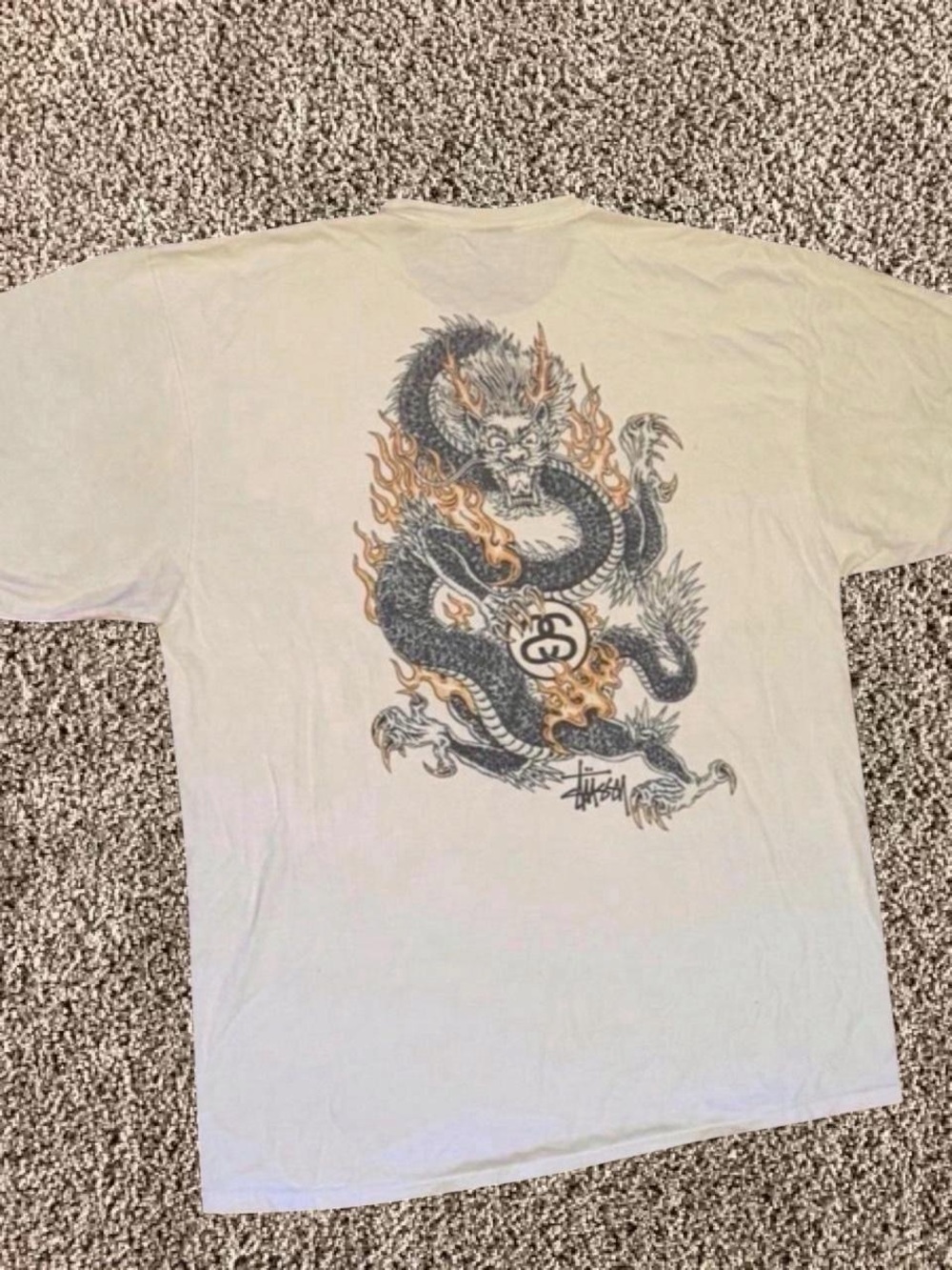 Vintage Y2K Stussy Dragon Graphic Tee - Cream with Black & Gold Art